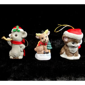 Christmas Animals Vtg Ornaments Cat Mouse Moose Lot of 3 Bell Flocked Hanging